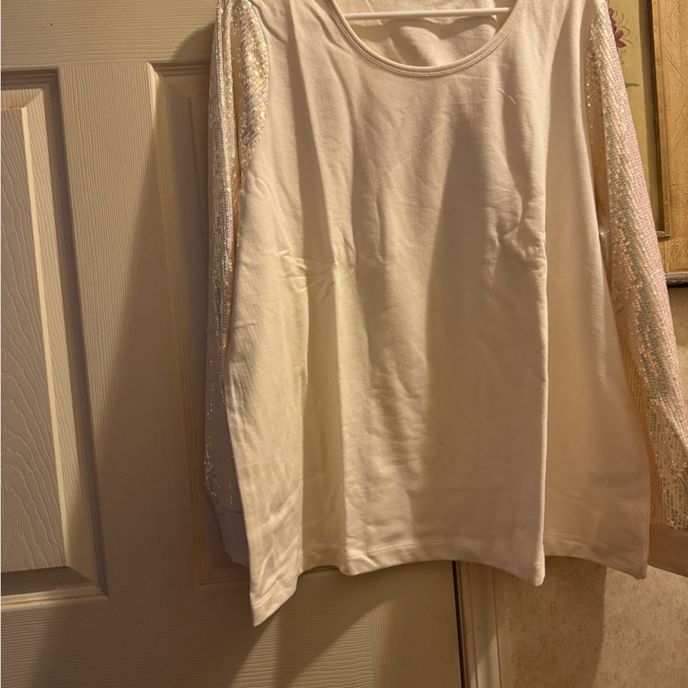 Cream Long Sleeve Top with Sequin Sleeves